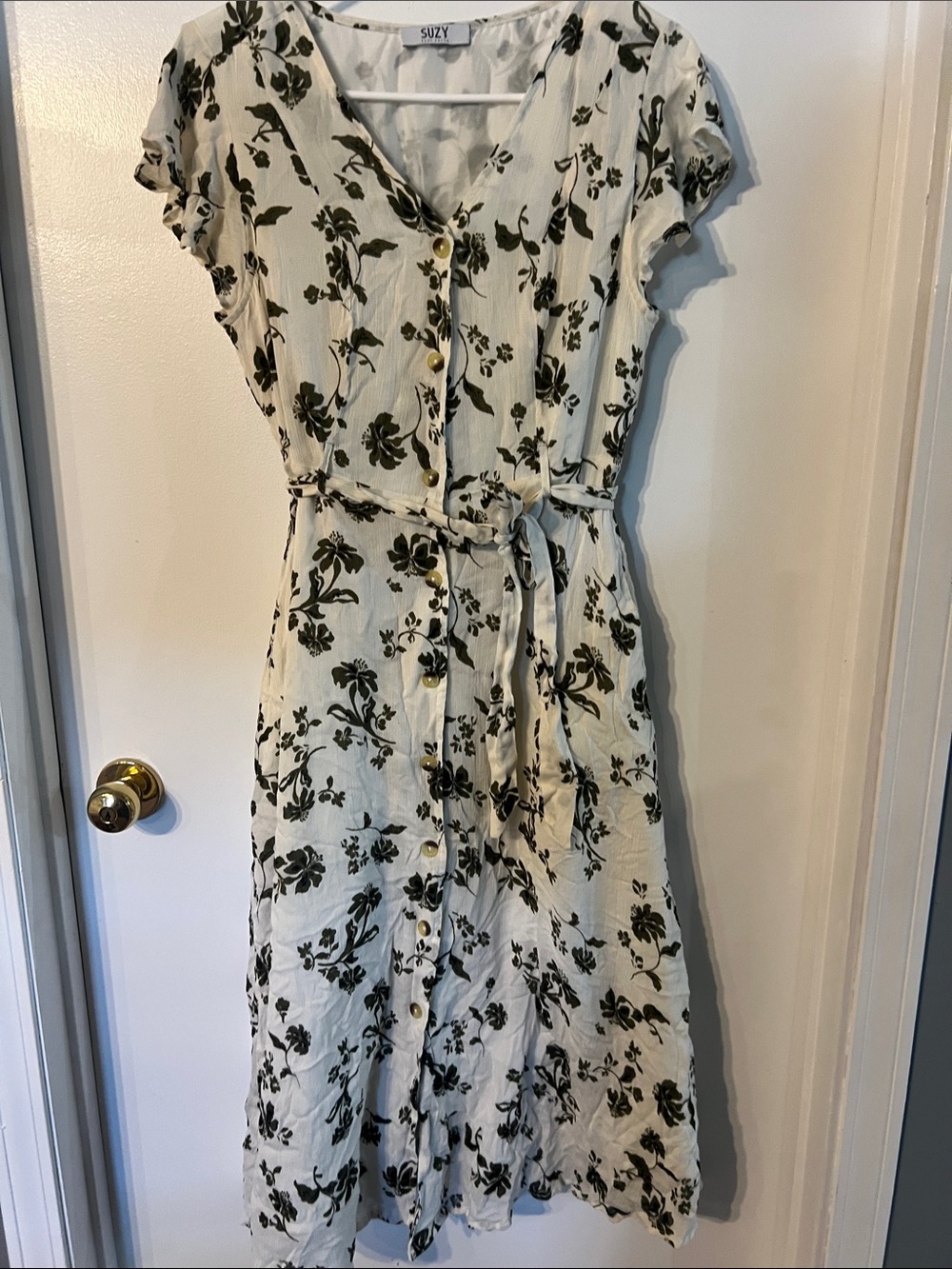White Floral Button-Front Midi Dress